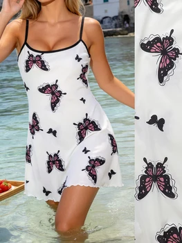 Butterfly Print Satin Nightgown Women Spaghetti Strap Sleeveless Casual Home Wear Lightweight Soft Sleep Dress Summer Loungewear