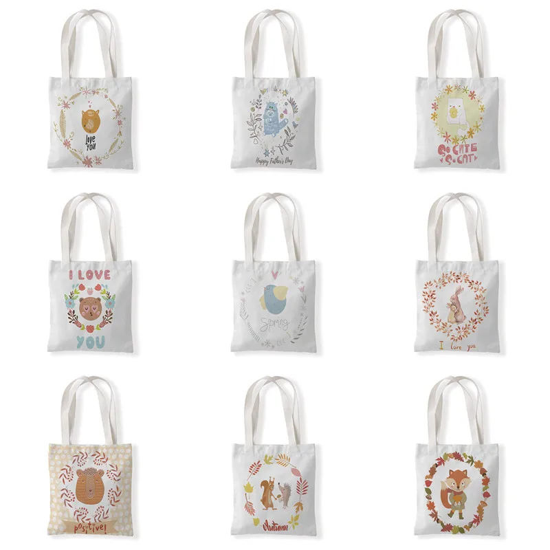 

Women Shopping Bags Cartoon Animal Pattern Leaves Eco Shopper Shoulder Bag Bear Fox Rabbit Handbag Canvas Tote Bag