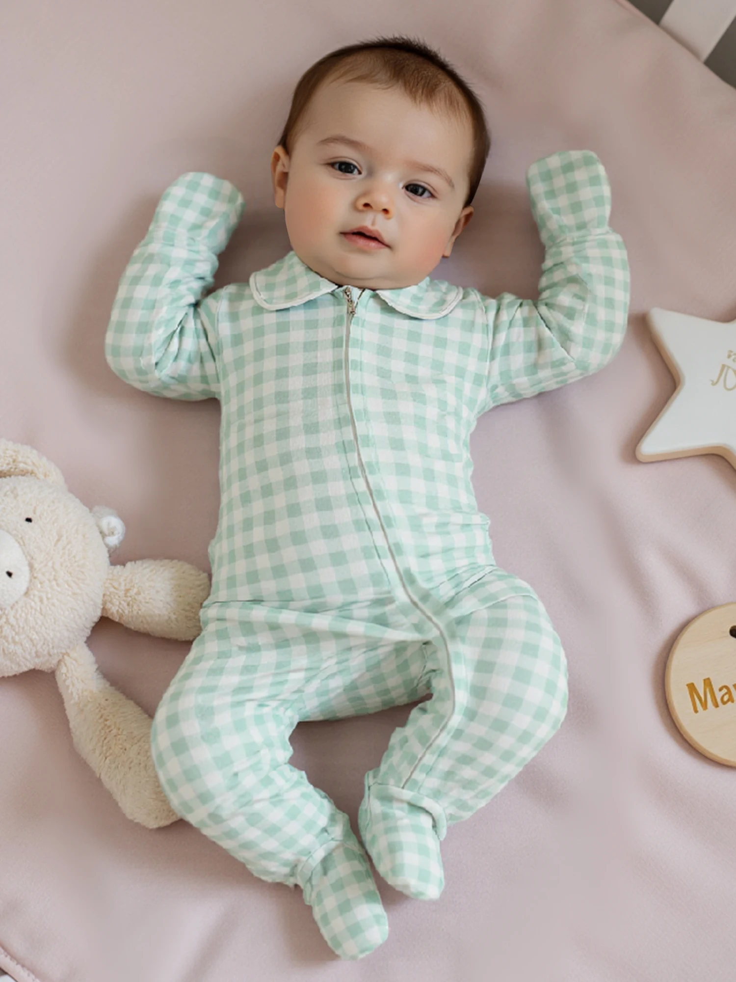 Close-up of Checked Cutie Baby Footie Romper
