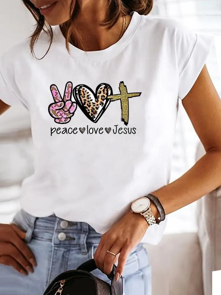 

Clothes Leopard Love Heart Faith Trend Graphic T-shirt Fashion Short Sleeve Print T Shirt Clothing Tee Women Summer Female Top
