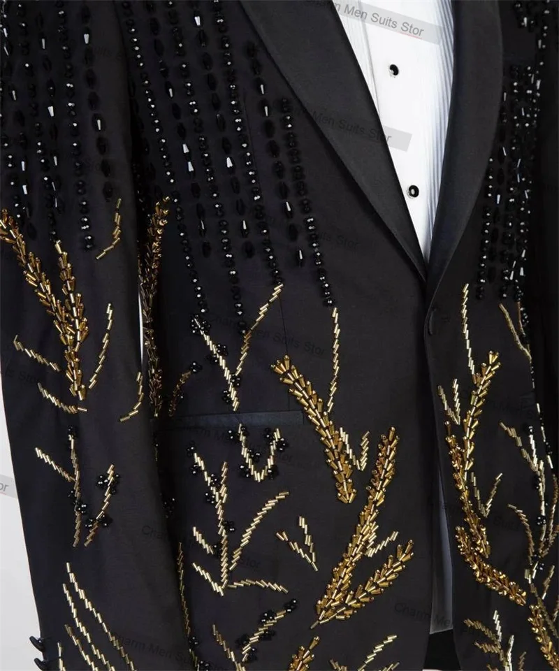 Golden Beaded Men Suits Set 2 Piece Blazer+Pants Custom Made Formal Jacket Trousers Luxury Business Groom Wedding Tuxedo Coat