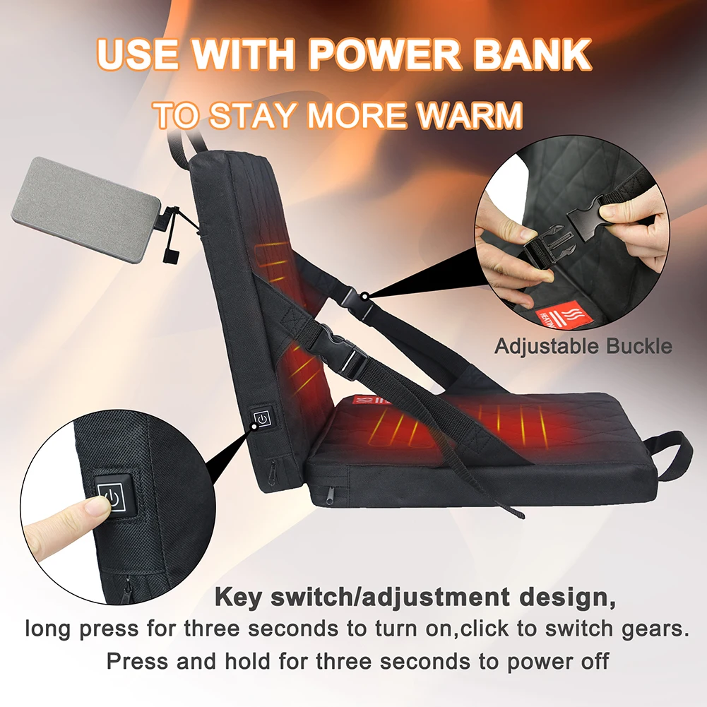 Folding Heated Stadium Seat Cushion Portable with Pocket 3 Speed Temperature USB Charging for Outdoor Travel Fishing 2