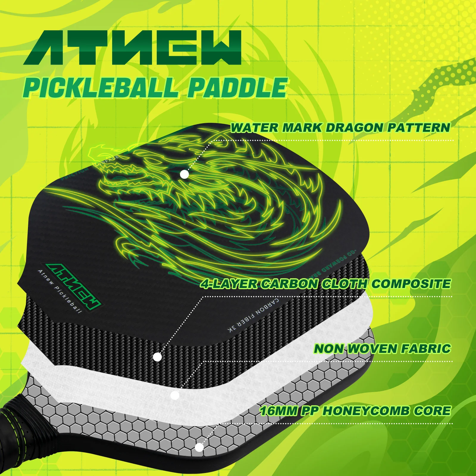 Pickleball Paddle ATNEW BV51-01 T700 Carbon Fiber 3K Surface 16MM PP Honeycomb Core Green Dragon Pattern