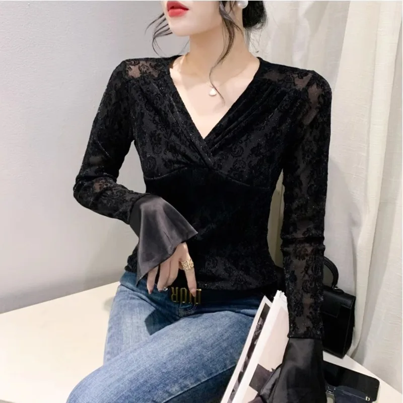 

#9132 Black White Mesh T Shirt Women V-neck Sexy Skinny Wrap T-shirt Flare Sleeve Print See Through T Shirt Vintage Thin Elastic