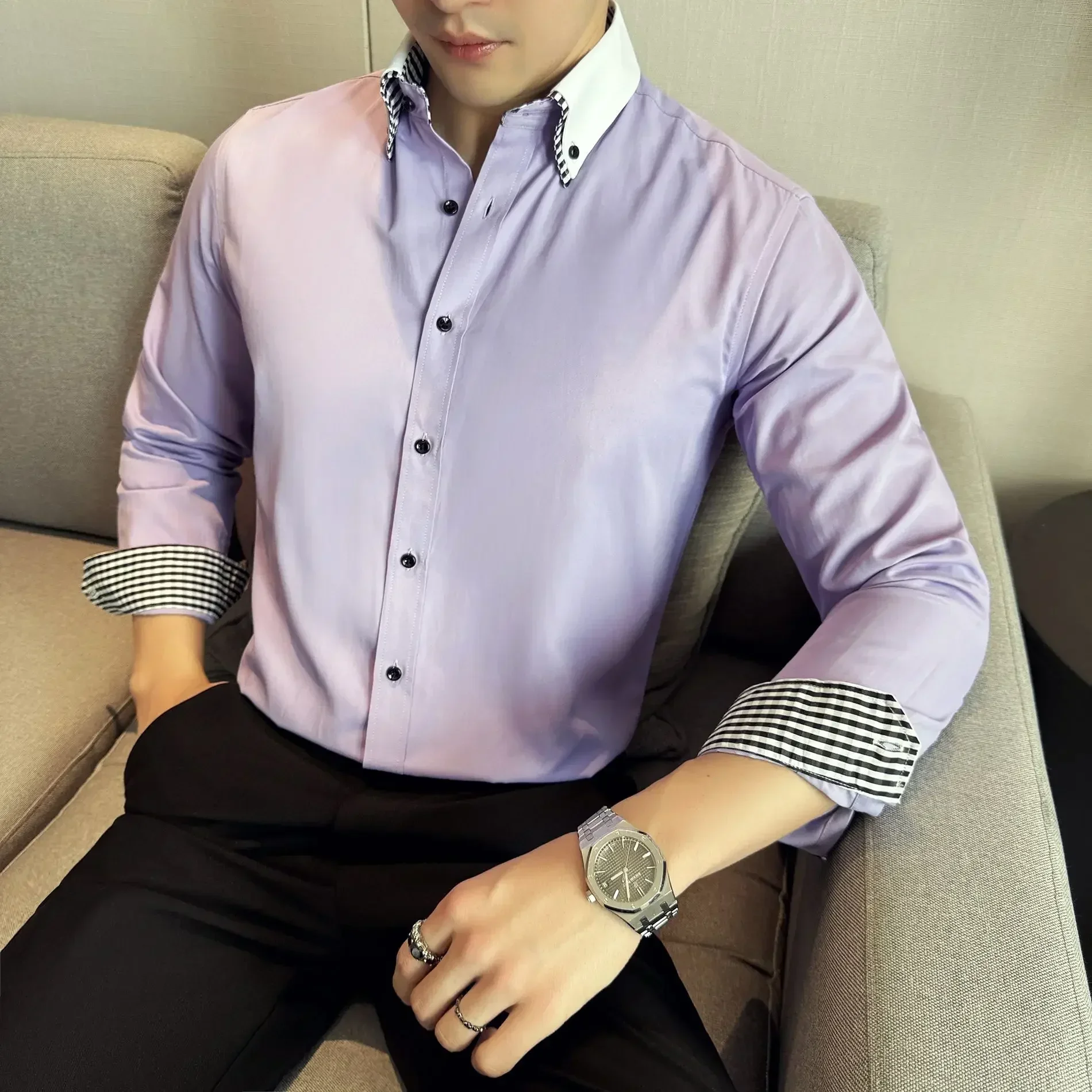 

1467 Color block collar handsome shirt trendy groomsman dress