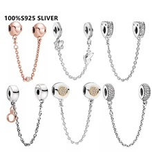 

Classic S925 Sterling Silver Love Pattern Safety Chain Charm Beads DIY For Original Pandoraer Bracelet Jewelry Butterfly Gifts