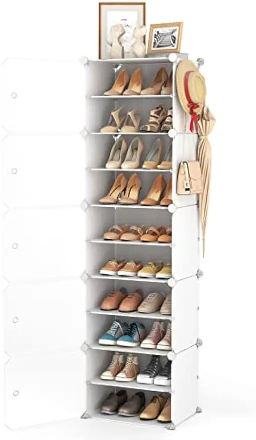 

LANTEFUL 10 Tiers Tall Shoe Rack 20 Pair Shoe Organizer Narrow Shoe Rack with Door Portable Shoe Storage Cabinet with Hooks