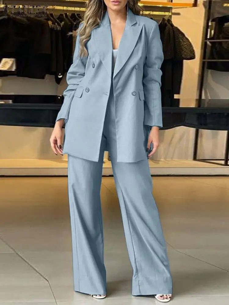 ZANZEA 2PCS Elegant Lapel Neck Long Sleeve Blazer Suits Fashion Autumn Outifit Women OL Work Tracksuit Solid Wide Leg Pants Sets 2