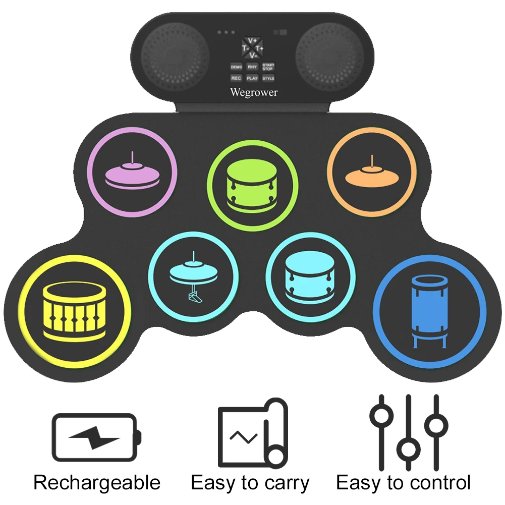 Roll-Up Drum Practice Pad with Drum Sticks and Pedals Portable Kit 7-Pad BT Xmas Birthday Surprise for Kids and Adults