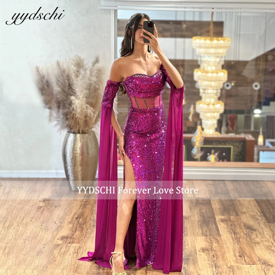 

Sparkle Sequined Fuchsia Beading Sweetheart Mermaid Evening Dress 2023 Dubai Arabic Off Shoulder Sexy Side Silt Women Prom Gowns