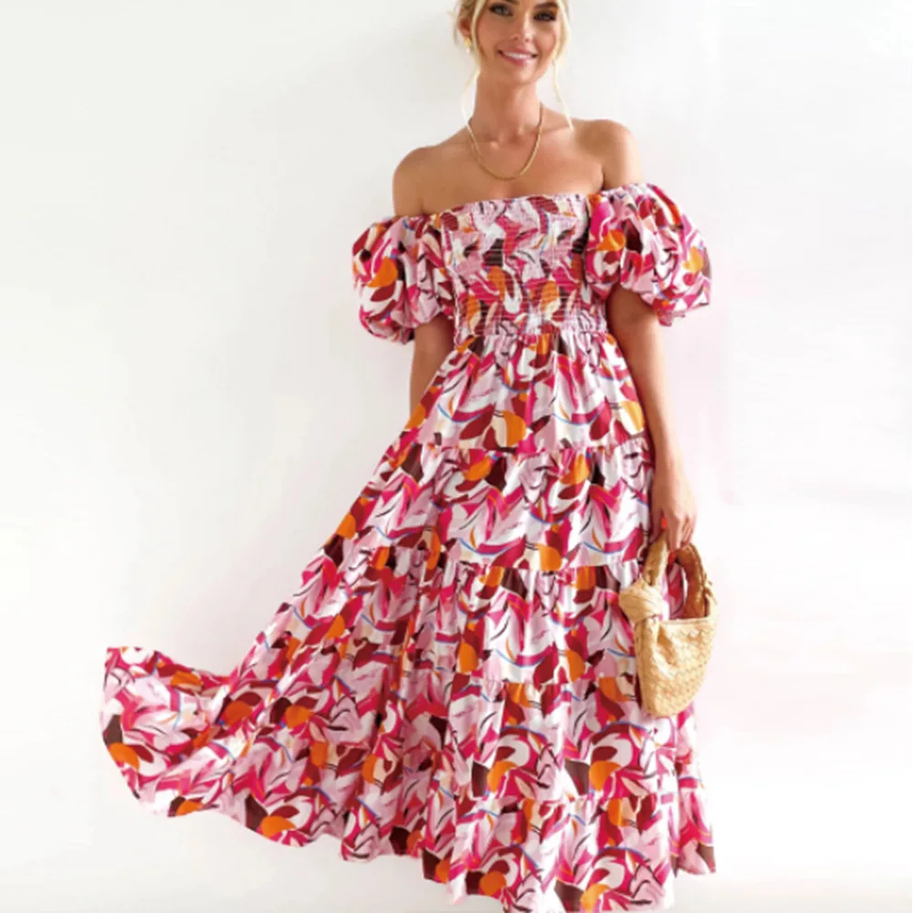 

Женское богемное элегантное платье Y2K, модная одежда INS с открытыми плечами и коротким рукавом, корсет с высокой талией, платье для отпуска, лето