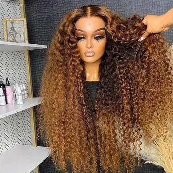 34 Inch 250% Density 13x4 Hd Lace Frontal Wig Highlight Wig Human Hair Wigs Curly Ombre Colored Honey Blonde 5x5 Glueless Deep W 1