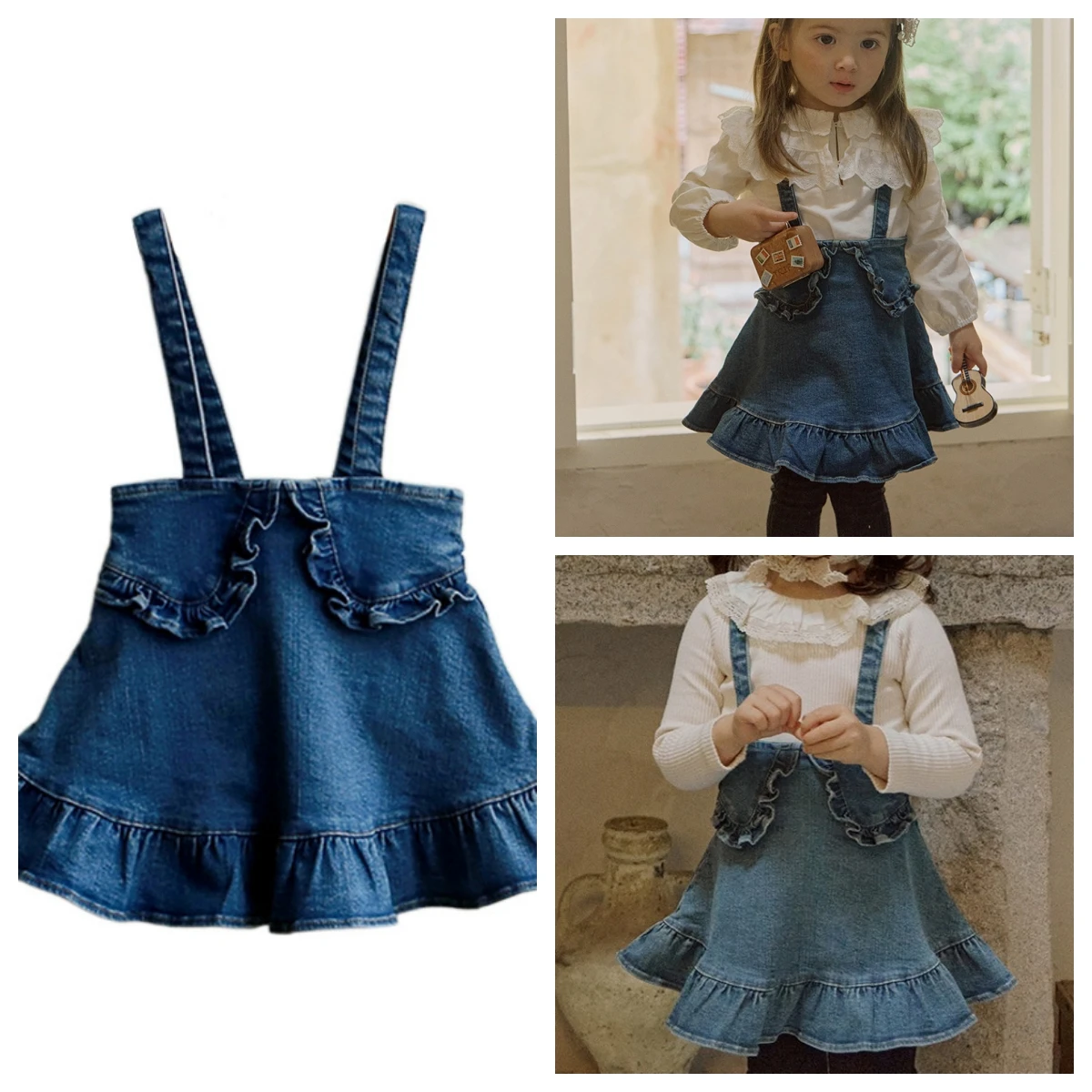 

Kids Dresses for Girls 2023 Autumn Korean Children Fishtail Strap Denim Dress