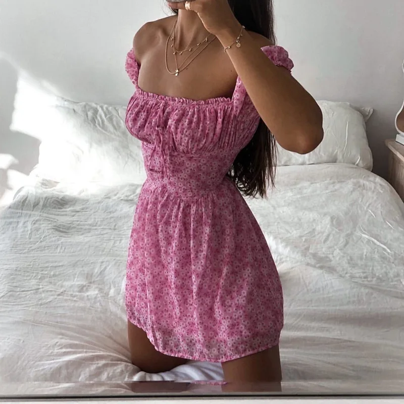

Pink Vintage Beach Ruffles Dress Women Summer 2023 New Women's Sexy Off-Shoulder Printed Bow A-Line Mini Dress Female Vestidos