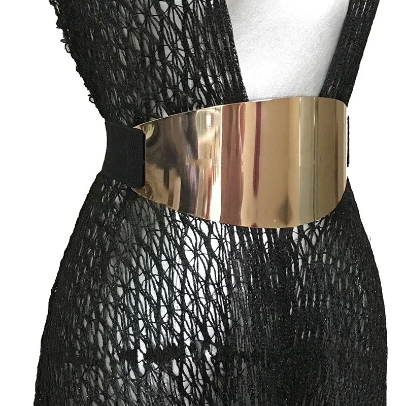 Extra große verspiegelte Metallplattengürtel, ultrabreiter Obi-Bund für Damen, Gold/Silber