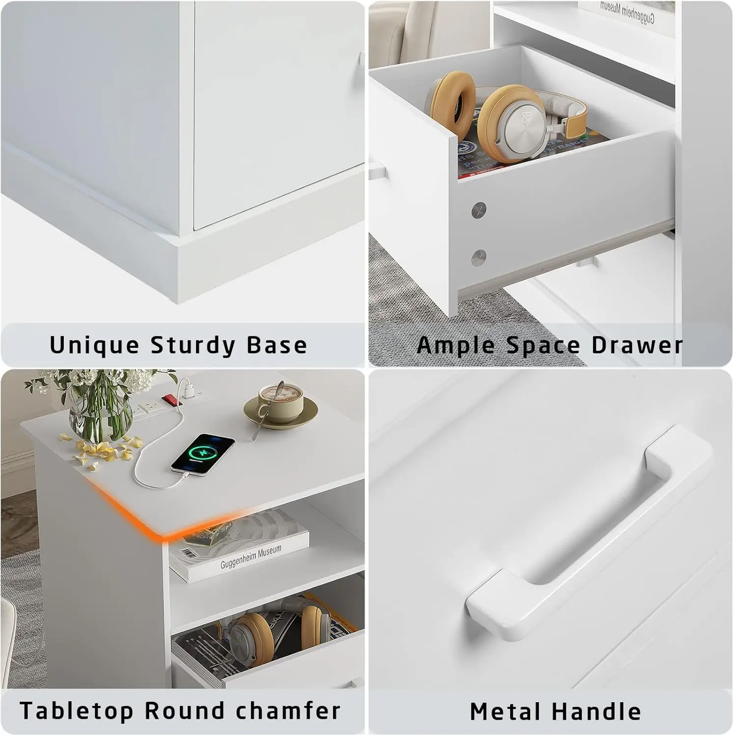 Night Stand with Charging Station, Large Nightstand with Storage Drawers and Open , White Bedside Side End Table for