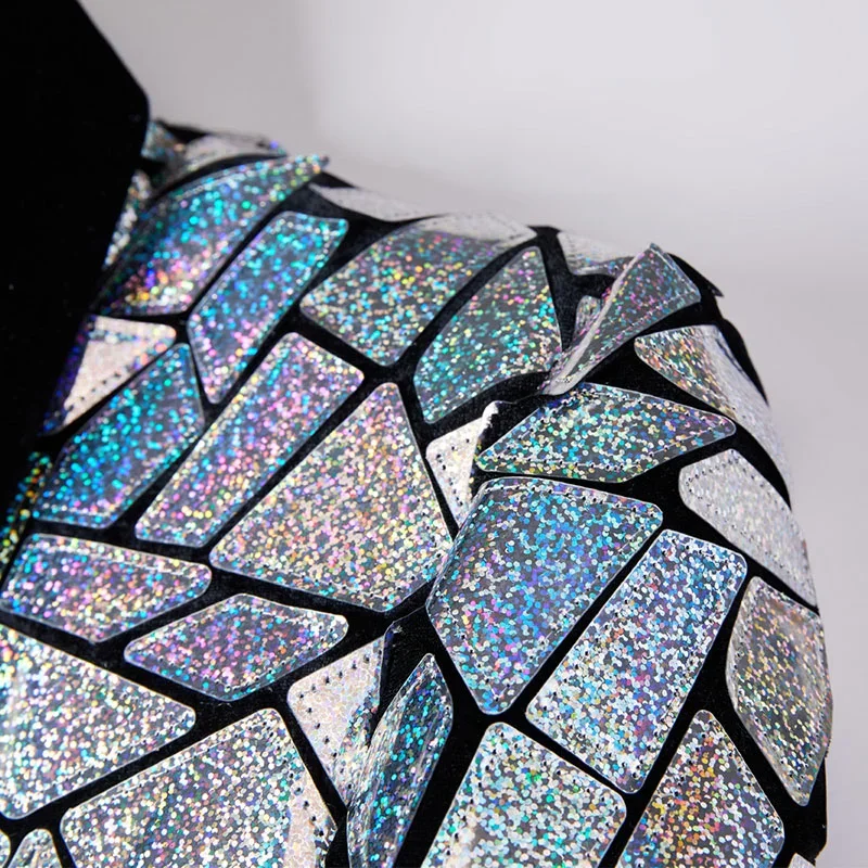 Luxury Laser Sequin Tuxedo Blazer Jacket Men One Button Shawl Lapel Dress Suit Blazer Male Party Stage Prom Singer Costume Homme 3