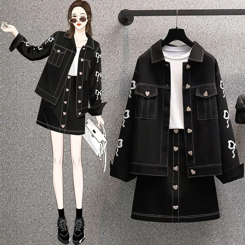 Large women's 2023 spring and summer Korean version new suit fashion jacket skirt motorcycle two-piece suit women's skirt suit