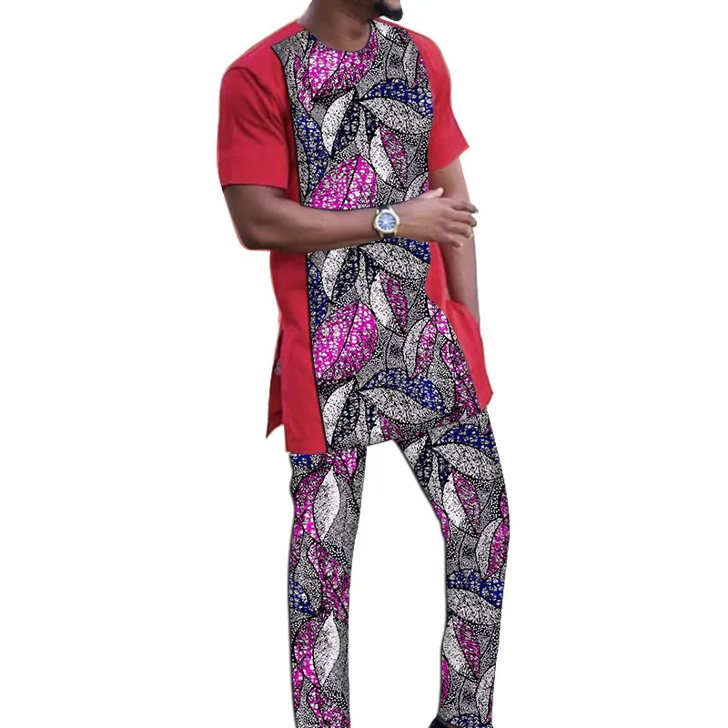 Red Patchwork Tops With Pants African Design Short Sleeves Men's Sets Tailored Ankara Print Groom Suit