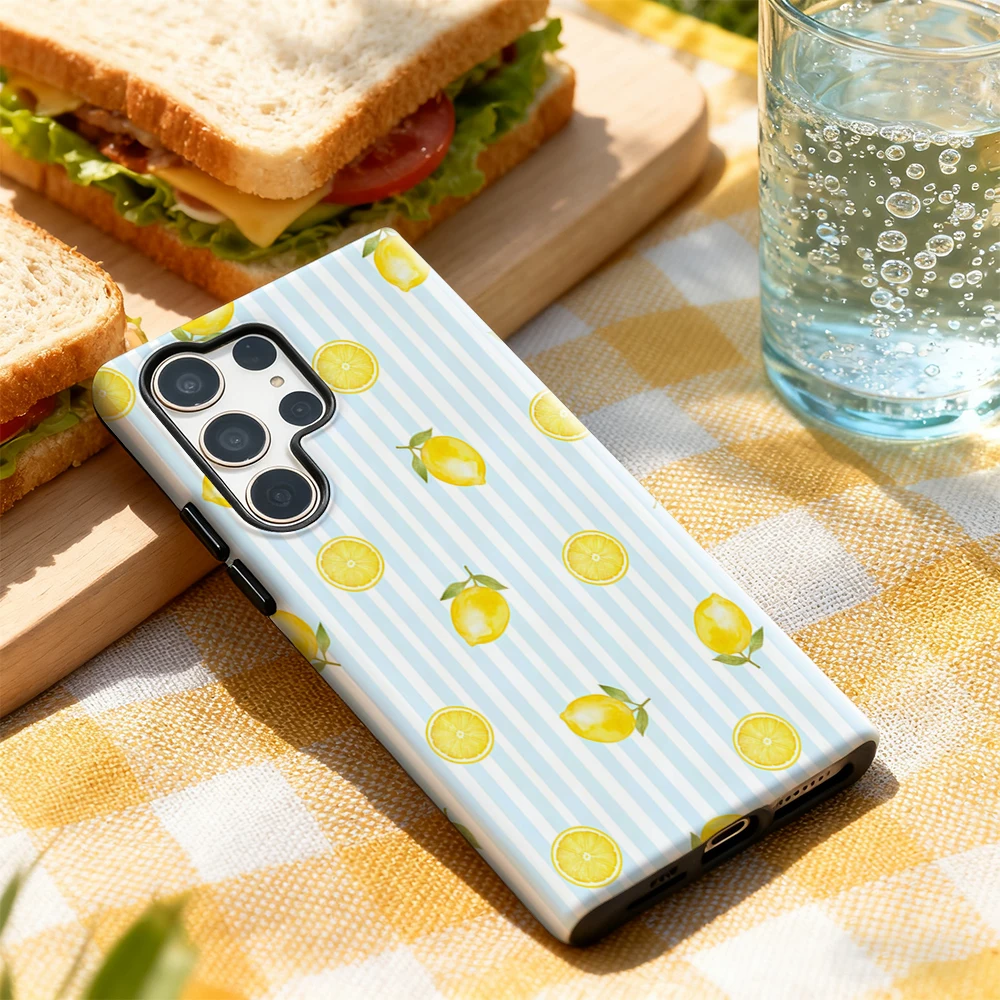 Lemon & Blue Stripes Glossy Double-Layer Phone Case