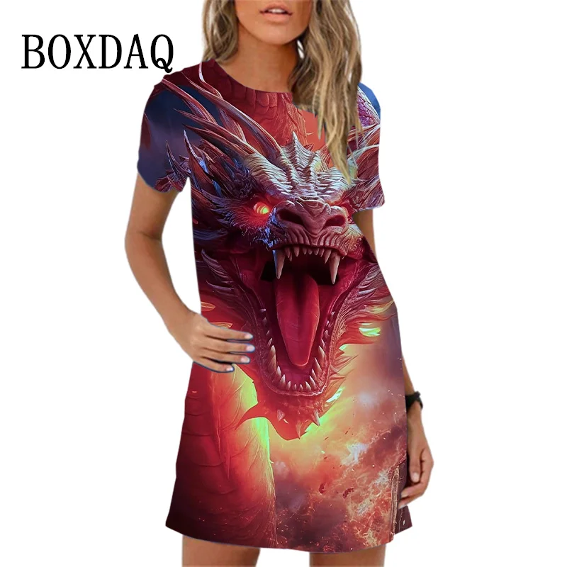 Summer Cute Cartoon Print Dress Oversize Short Sleeve O-Neck Loose Mini  Dress High Street Casual 3D Dragon Pattern Women Dresses - AliExpress  200000345