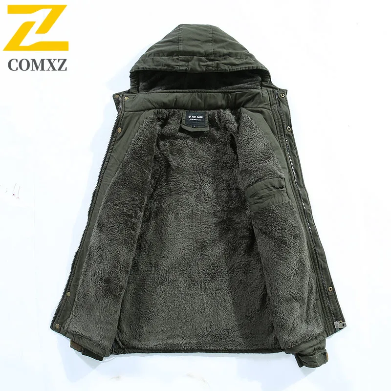Men Outdoor Hooded Jacket Thickened Long Coat Winter Korean Style Thermal Heavyweight Cotton Padded Overcoat Windproof  Workwear