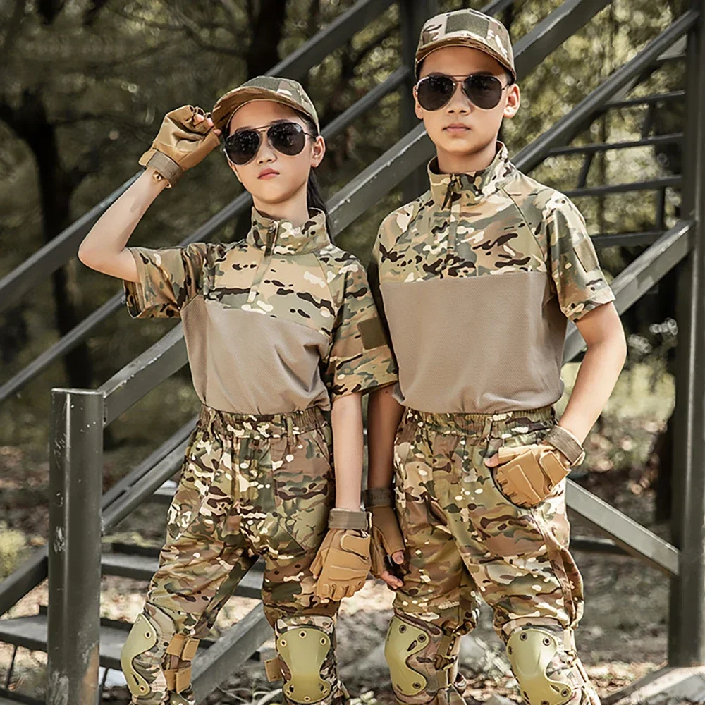 Children's Camo Training Clothes Short Suit Kids Police Cosplay Costume for Kids Boy Girl Outdoor CS Field Camping Military Combat
