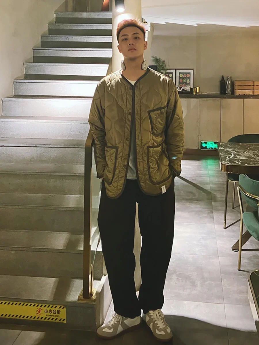 DESCENDANT  Japan 19AW Military Style Embroidered Cotton Detachable Inner Liner Tank Jacket Loose Collarless Coat New