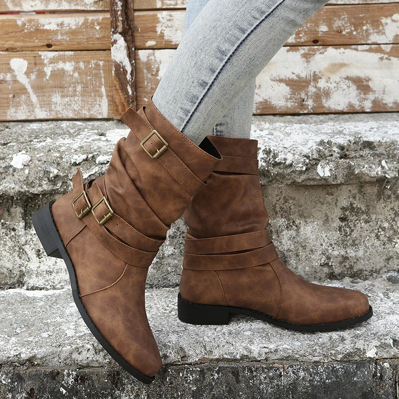 Autumn Winter Sexy New Large Medium Boots Round toe flat boots for women Round Head Flat Bottom Buckle Women's Motorcycle Boots