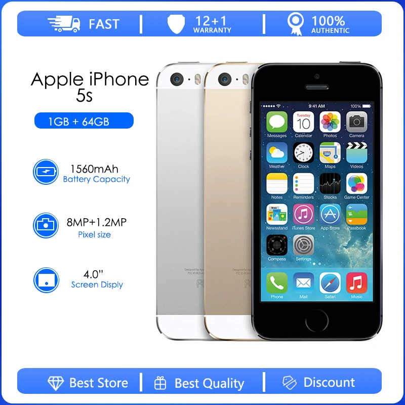 

Original Apple iPhone 5S Unlocked Cell Phone 4.0" Screen 1GB RAM 16GB/32GB/64GB ROM Touch ID Fingerprint Smartphone
