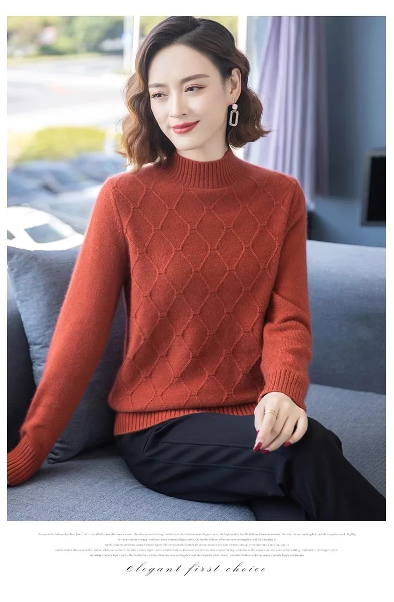 Lässiger einfarbiger Pullover mit halbem Stehkragen, modischer Herbst-Winter-Strick-Basispullover, warme Damen-Bottom-Oberteile, Pertanian – Detail 5