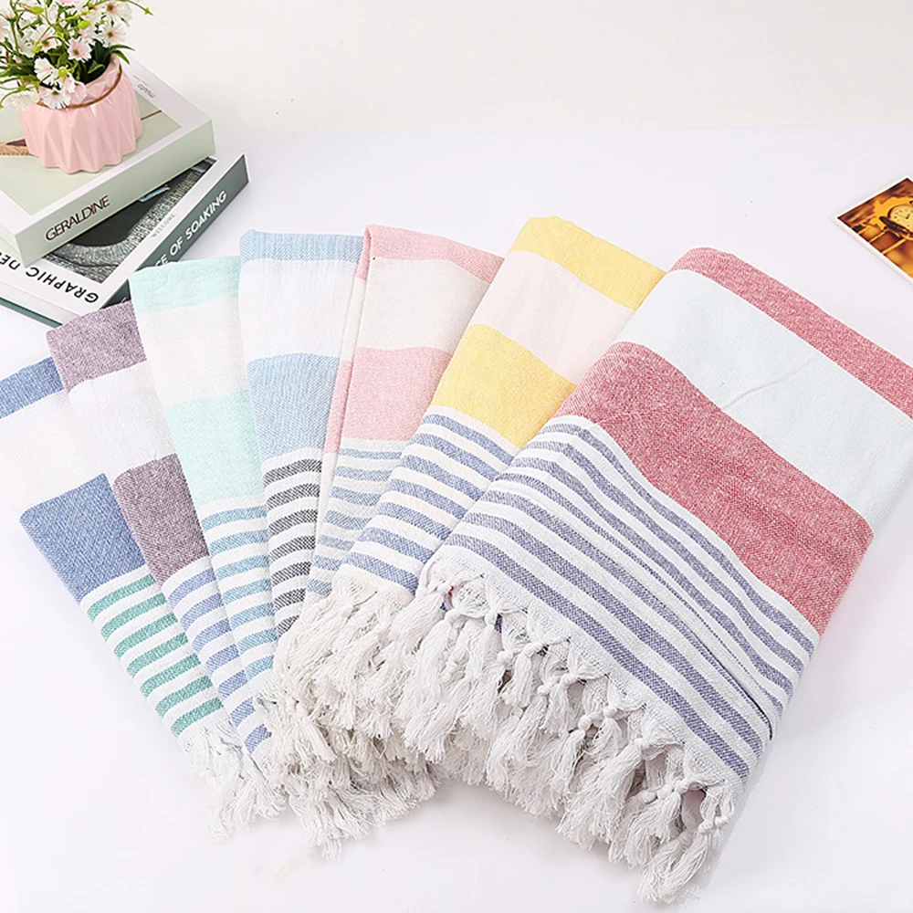 

Holiday Beach Towel Yarn-Dyed Cotton Turkish Beach Towels with Fringe Cotton Stripe Quick Dry Shawl Outdoor Picnic Mat 100X180