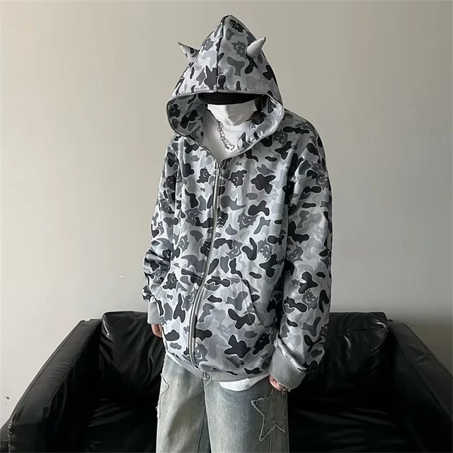 Lady Ghost Print Front-pocket Hooded Sweatshirt Female Loose Zip-up Hoodies  2022 Autumn Harajuku Unisex Gray Purple Sweatshirts - Hoodies u0026 Sweatshirts  - AliExpress