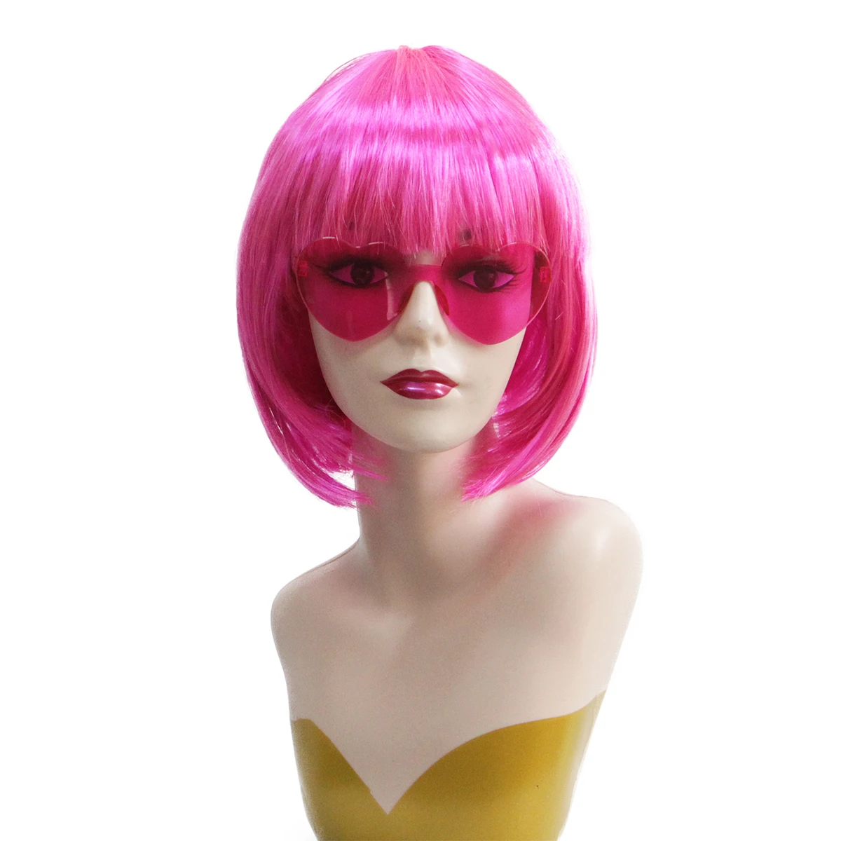 Hot Pink Short Bob Synthetic Wig Bangs Retro Y2K Women Bachelorette Halloween Club Carnival Cosplay Party