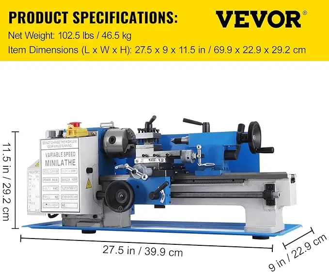 7 x 12 Inch Precision Mini Metal Lathe 2250 RPM 550W Variable Speed Mini Lathe Precision Bench Top Metal Working Lathe for