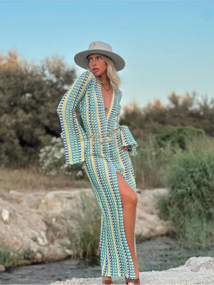 

Elegant Contrast Flare Sleeve Split Maxi Dress Women Fashion Casual Deep V-Neck Vestidos 2023 Vacation Club Female Evening Robes
