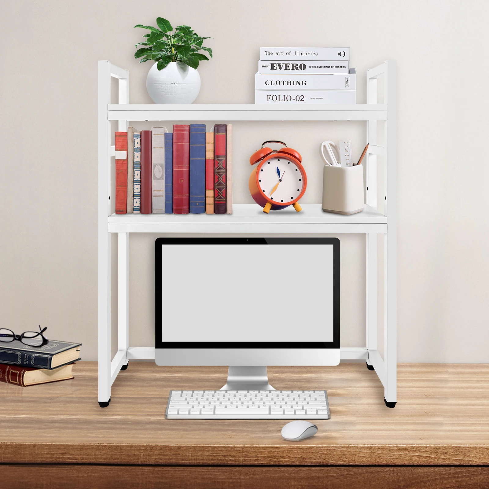 Computer Desktop Bookcase, 2-Tier Multipurpose Countertop Hutch Display Shelf, Adjustable Height Pantry Shelf Spice 2