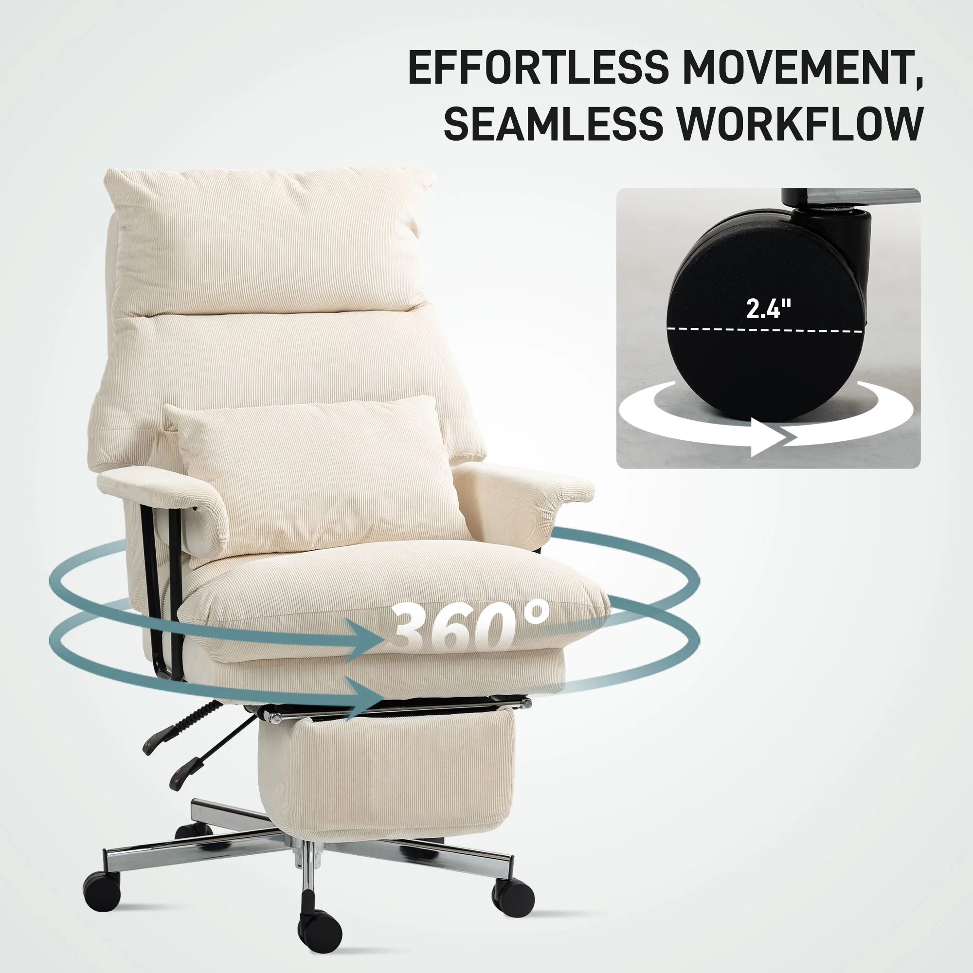Executive Office Chair with Lumbar Support, Footrest, High Back Reclining Overstuffed Desk Chair with Lumbar Support, Cream White 5