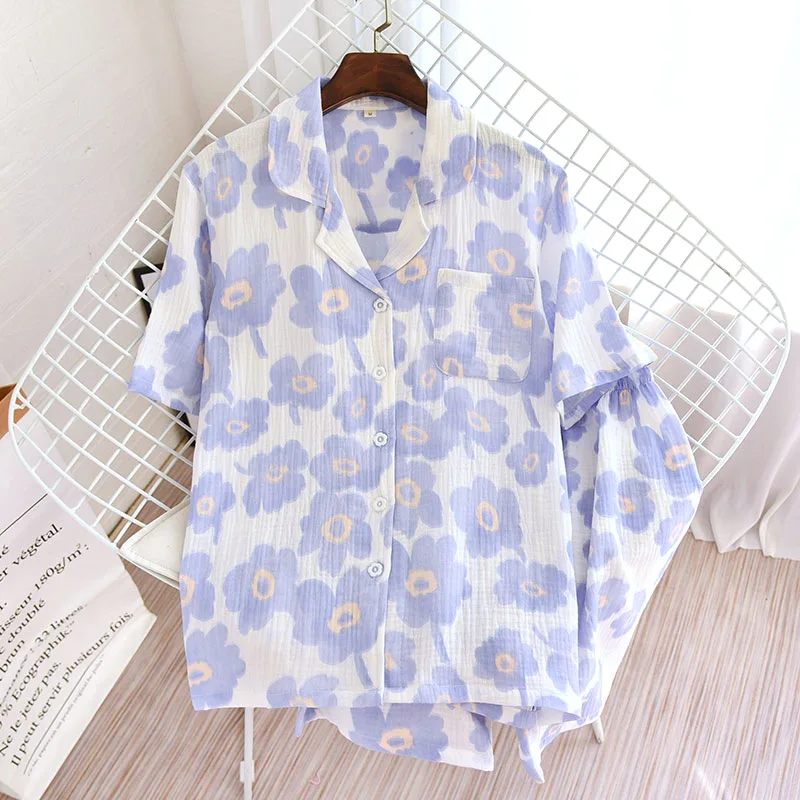 

Summer Crepe Pajama Sets Women's Short Sleeve Shorts Cotton Casual Sleepwear Nightwears (16-23 Inches) with Print Sleepwear
