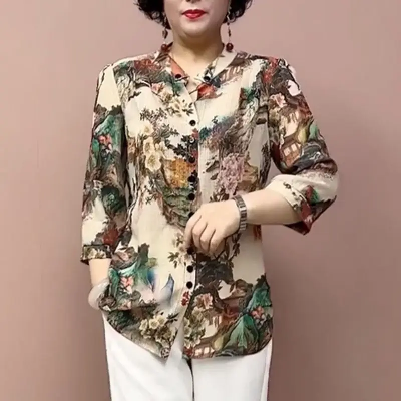 Fashion Commute Summer Blouses Natural Scenery Printed Geometric Button V-neck Half Sleeve Elegant Loose Middle Aged Women Shirt
