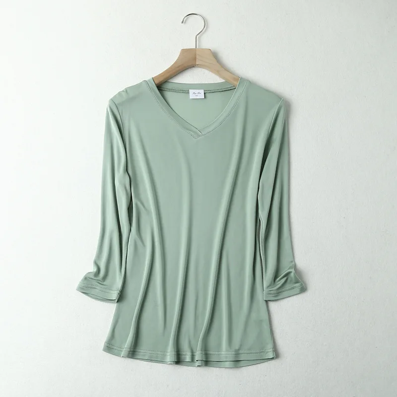 

2023 Summer Women's Mulberry Silk Blouse Breathable Seven-point Sleeve V-neck Shirt Basic Silk Comfortable Bottoming Top Shirts