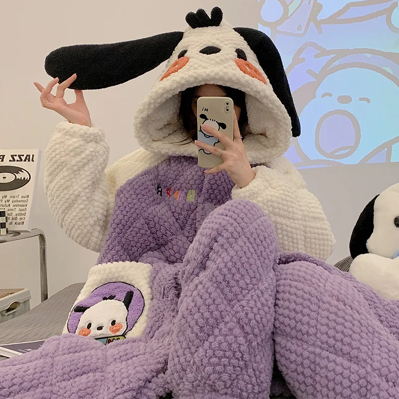 

Sanrio Pochacco Pajamas Winter Kawaii Coral Velvet Thickened Long Nightgown Triple-Layer Laminated Cotton Warm Loungewear Suit