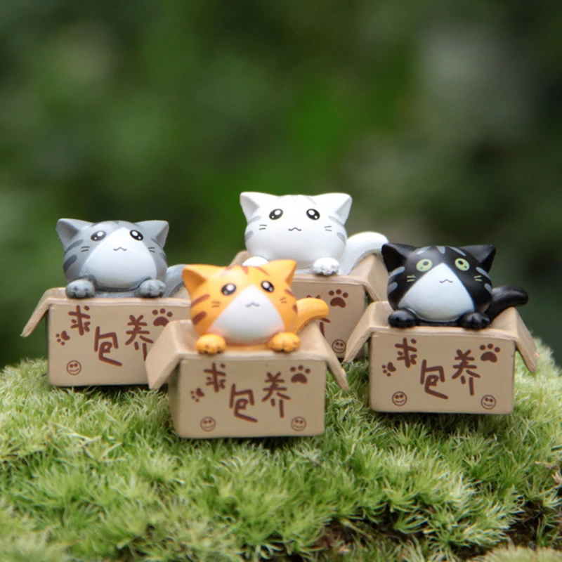 4-Piece Cartoon Poor Box Cat And Kitten Model Figurine Car Sculpture Handicraft Garden Sculpture Jewelry Gift Set