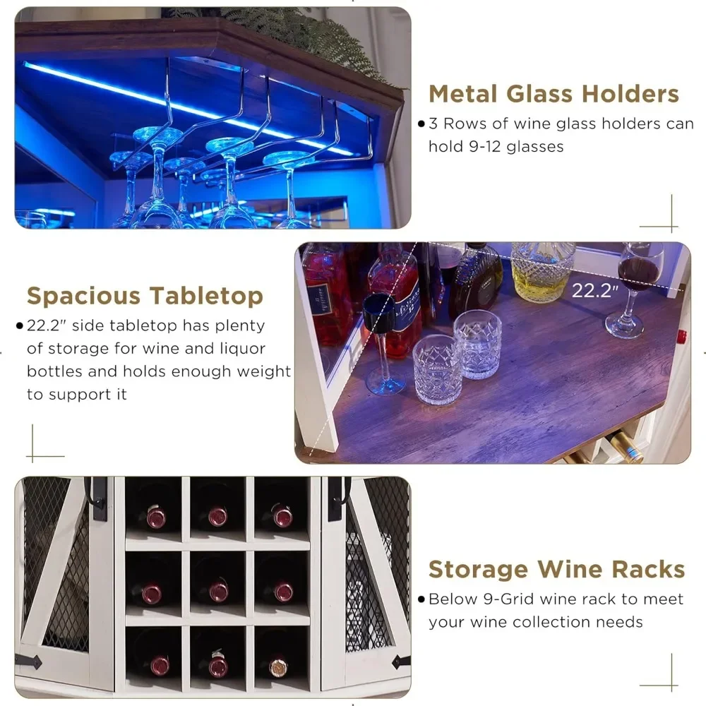Bar Cabinet, Cabinets with Barn Door & Adjustable Shelf, Home Bars Cabinets with LED Light & Glass Rack, Bar Cabinet
