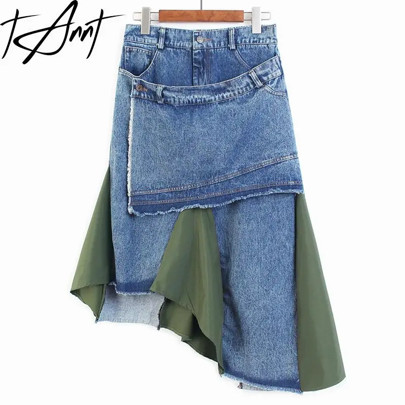 

Tannt Women Skirt Irregular Color Matching Denim Long Skirts For Women Asymmetry Vintage Fashion Denim Skirts 2023 New