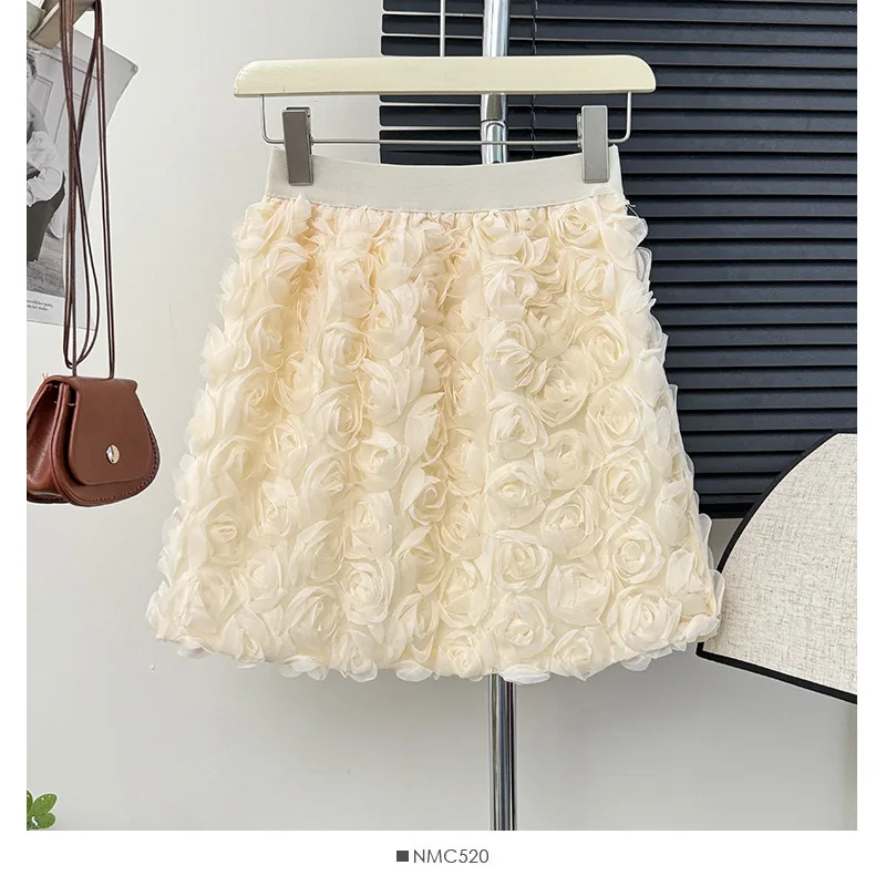 Solid Color Three-dimensional Rose Blossoms Short Skirts Women 2025 Sweet High Waist Elegant Skirt