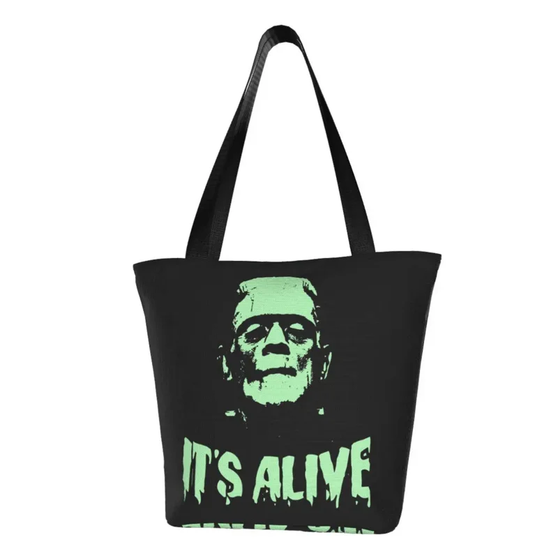 

Kawaii Frankenstein Shopping Tote Bags Reusable Horror Movie Canvas Groceries Shopper Shoulder Bag