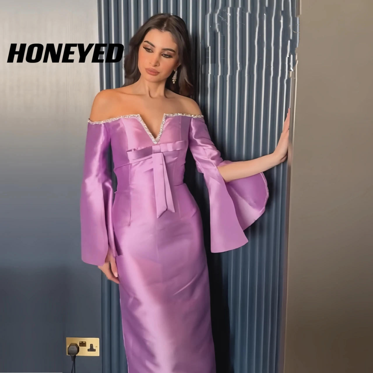 

Honeyed Purple Mermaid Prom Dresses High Split Off The Shouler Evening Dress Formal Saudi Arabia Cocktail Party Gowns Plus Size