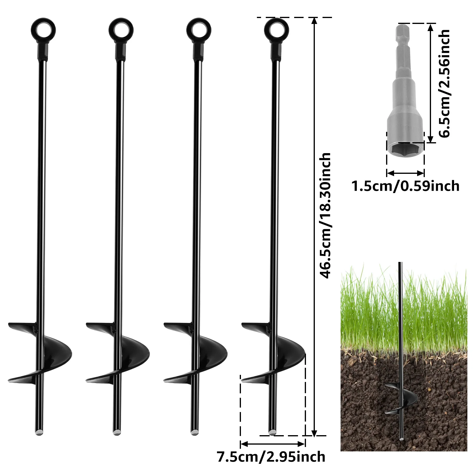 4Pcs Ground Anchors 18inch Spiral Earth Anchors Kit Heavy Duty Metal Ground Anchor with Removable Round Ring Ground Stakes 6