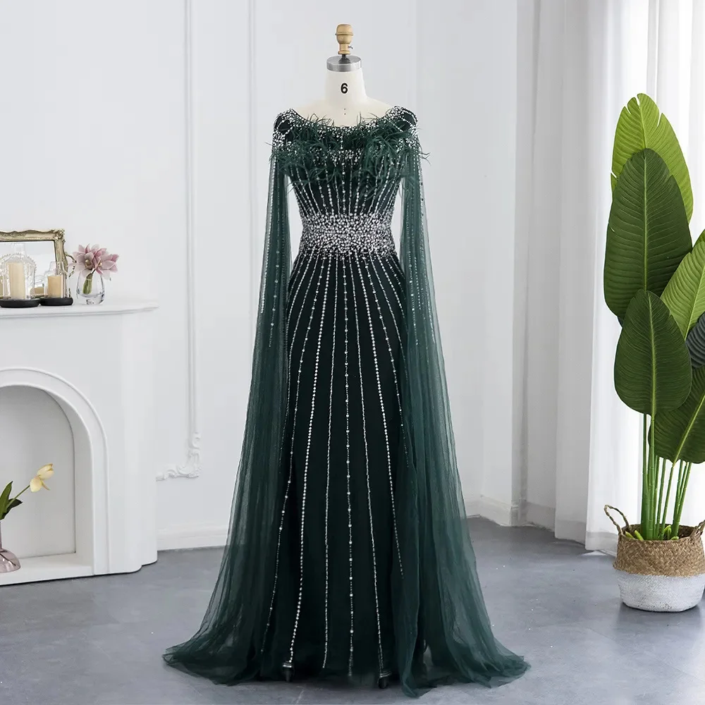 

Luxury Beaded Tulle Shawl Long Sleeve Evening Dress Elegant Ladies Formal Occasion Gowns A Line Feather Wedding Party Dresses
